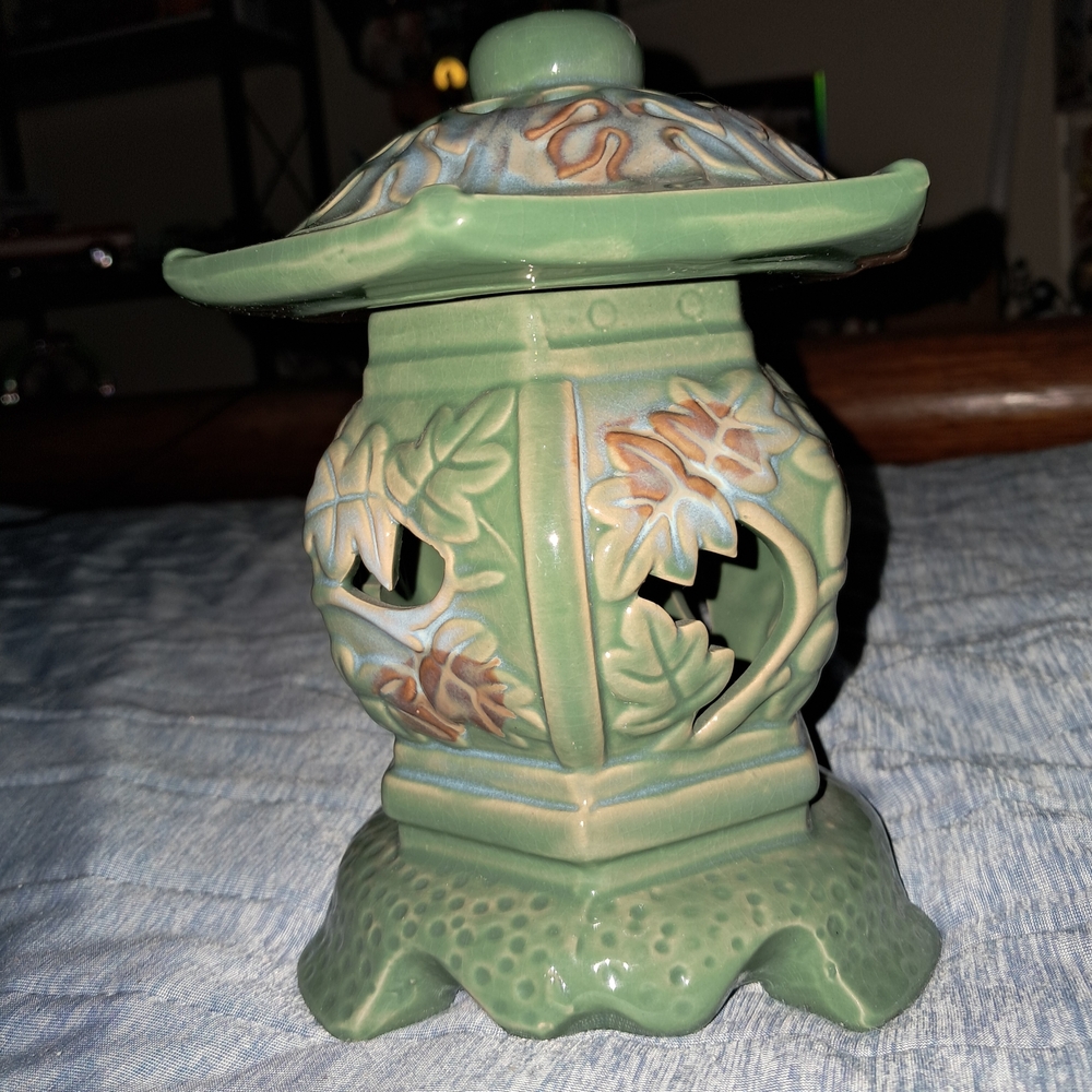 Artisan Green Ceramic Lantern with Leaf Motif
